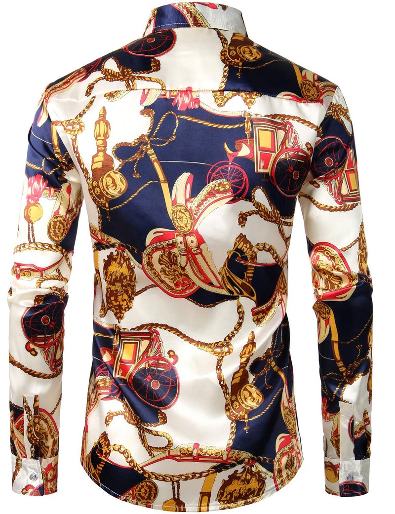 ZEROYAA Men's Hipster Printed Silk Like Satin Button Down Dress Shirt for Party Prom ZLCL11-Beige Medium - Image 3